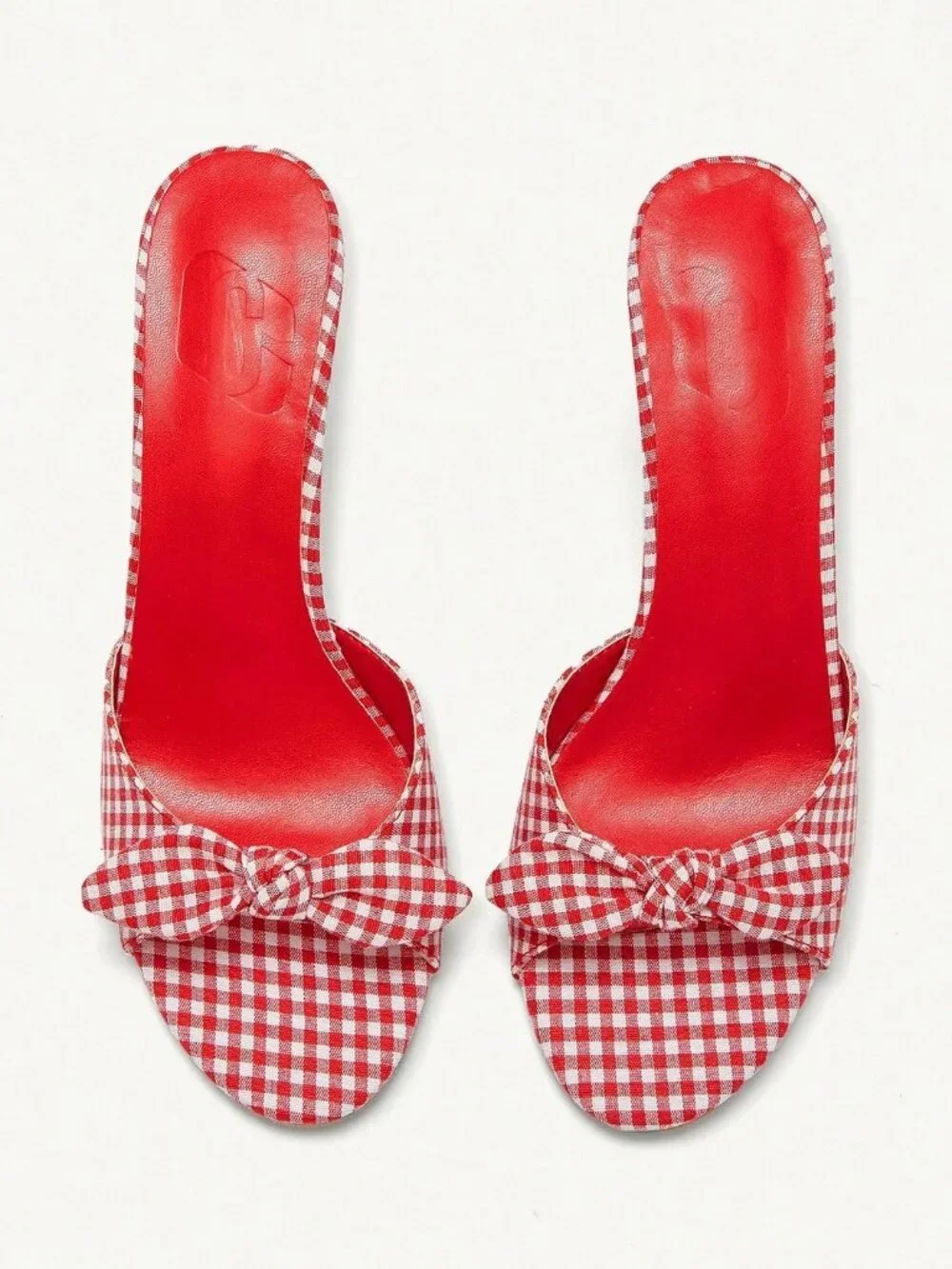 Red Elegant Women's gingham plaid Round Toe High Heel Mules Sandals Shoes - Picture 7 of 7
